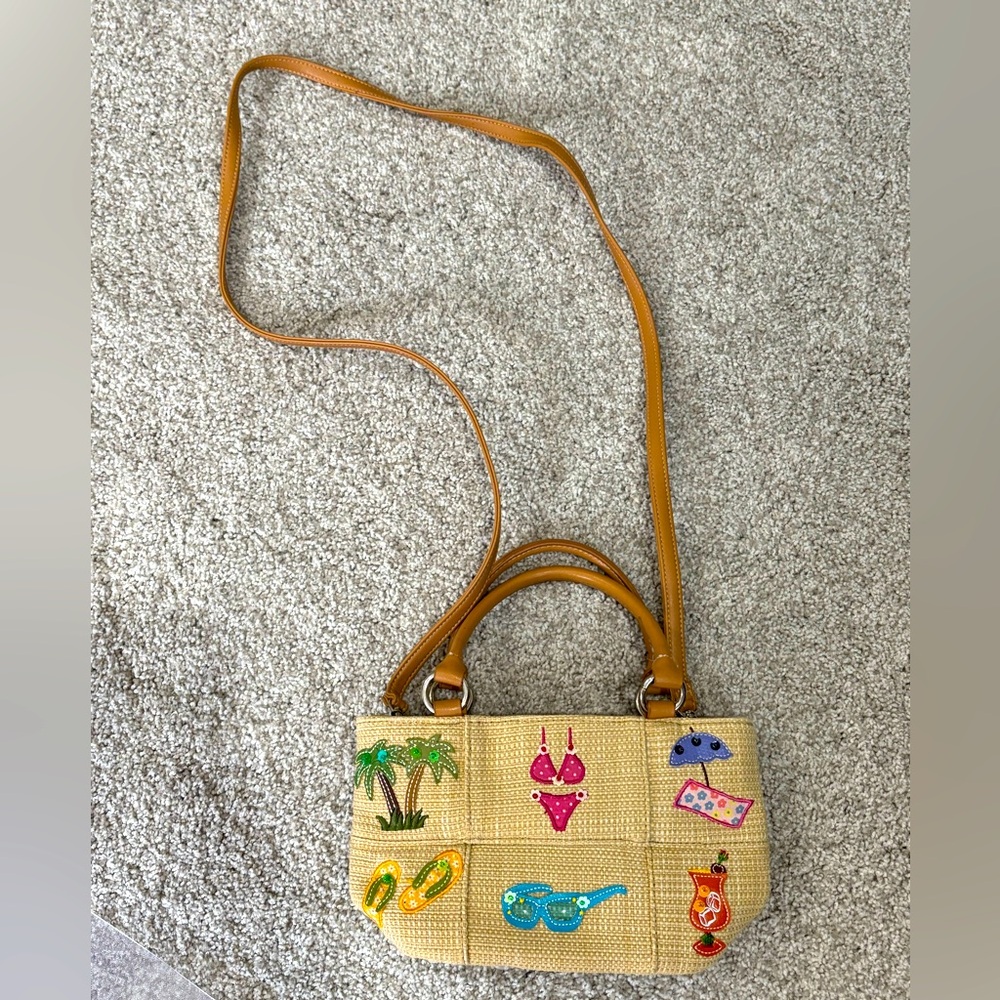 Tote Bag Beach Small Handbag Embroidered Multicolor Patch Tan NWOT Tropical